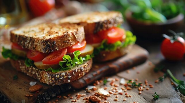 Selective focus on two homemade rustic sandwiches on the table