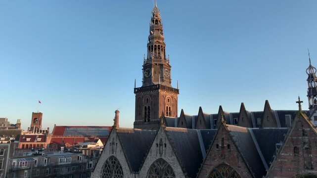 Oude Kerk Aerial morning View. Top shot of the texture of roof of Old church in Amsterdam, the Netherlands.