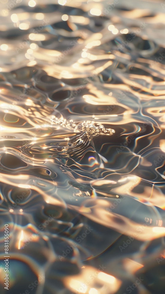 Poster a close-up of shimmering water surface reflecting golden sunlight, creating a mesmerizing abstract p