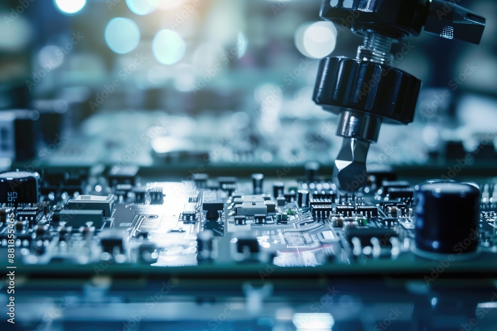Poster precision robotic arm working on an electronic circuit board, high-tech assembly. robotics, electron