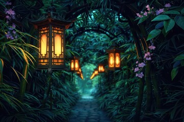A supernatural scene features an enchanted bamboo forest where radiant lanterns float in midair