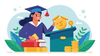 Young Woman Inserting Coin into Mortarboard Savings Box, Investing in Education Fund for College Tuition and Degree