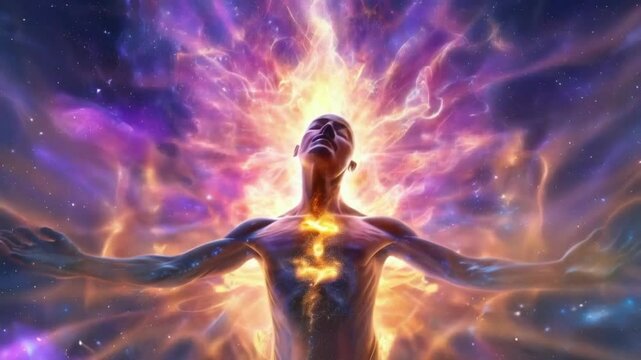 silhuette of a man spirit on galaxy space background, colorful energy flow, 4k new quality colorful stock video footage wallpaper AI