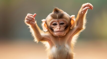 A baby monkey with a playful expression is seen raising its arms high, showcasing its adorable and curious nature in this lively and engaging image suitable for animal enthusiasts.