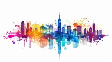 Fototapeta premium Watercolor Cityscape with Rainbow Splashes