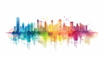 Watercolor Skyline of a City with Rainbow Hues