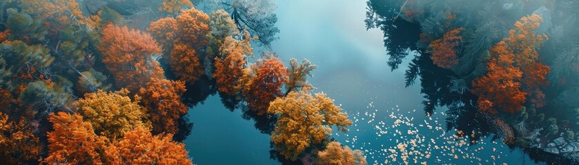 Aerial view of a serene forest with vibrant orange and green autumn foliage reflected in a calm, blue lake on a misty day.