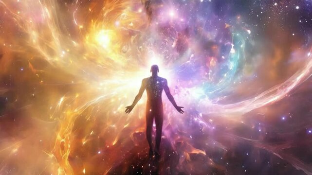 silhuette of a man spirit on galaxy space background, colorful energy flow, 4k new quality colorful stock video footage wallpaper AI