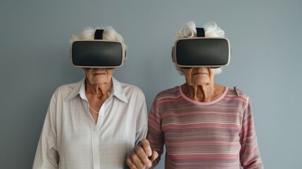 Elderly couple holding VR headset, insurance, future health security