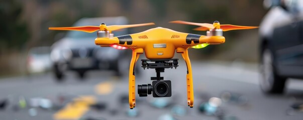 Emergency response drone assisting car accident, safety, insurance technology