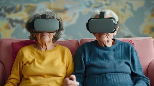 Elderly couple holding VR headset, insurance, future health security - Powered by Adobe