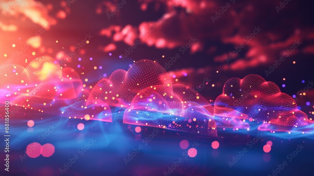 Poster an abstract 3d representation of digital data flowing through a network of clouds, symbolizing the e