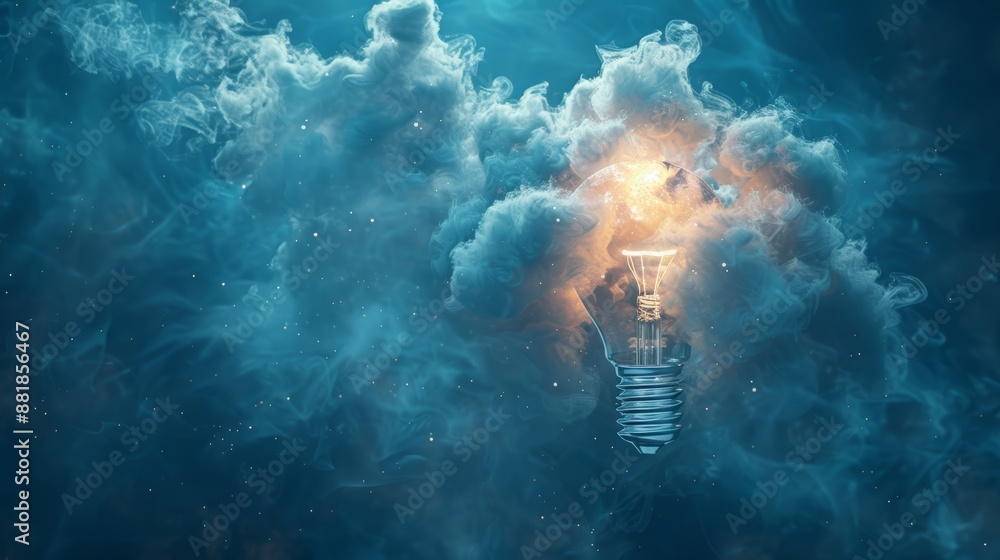 Poster an abstract 3d illustration of digital clouds forming the shape of a lightbulb, representing the inn