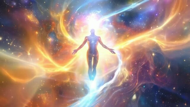 silhuette of a man spirit on galaxy space background, colorful energy flow, 4k new quality colorful stock video footage wallpaper AI