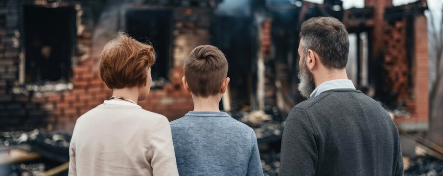 Family receiving support from insurance agent, fire-damaged home, illustrating assistance and rebuilding, fire insurance, home recovery