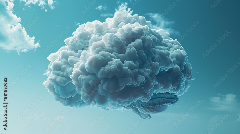 Poster an abstract 3d representation of a brain made of clouds, symbolizing the complexity and depth of sci