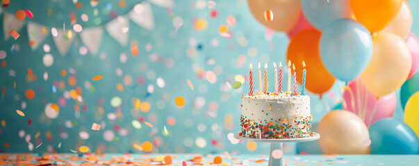 A cheerful background with a birthday cake, candles, and balloons against a confetti-filled backdrop, leaving room for copy.