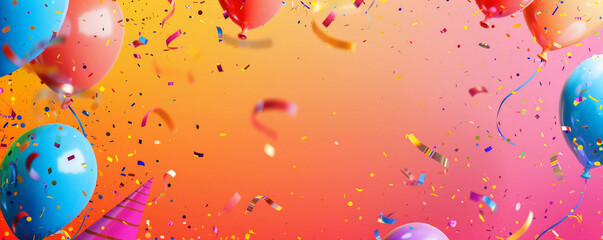 A vibrant birthday card background featuring balloons, party hats, and confetti, with a blank area in the center for copy.