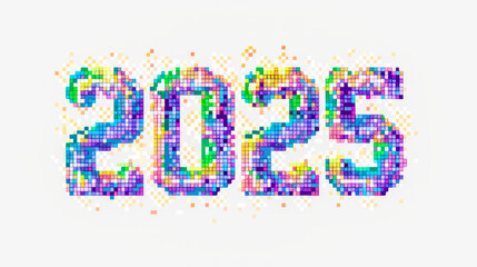vibrant, pixelated "2025" in rainbow colors, composed of tiny digital squares, celebrating the New Year with a modern, tech-inspired design. Perfect for a futuristic New Year poster, inviting joy and 