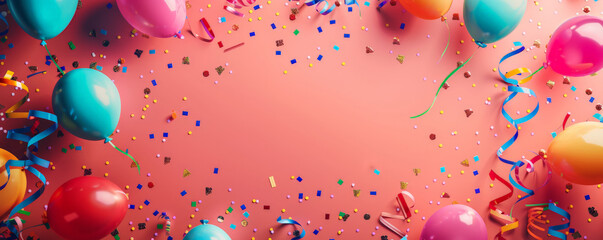A colorful birthday card background with balloons, streamers, and confetti, with a central copy space for a message.