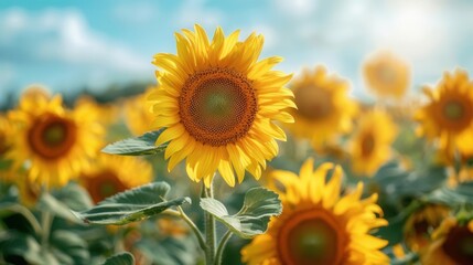 Obraz premium Beautiful view of the sunflower field under the blue sky.