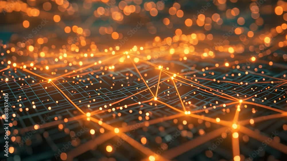 Poster abstract depiction of interconnected glowing pathways forming a complex network of lights, interconn
