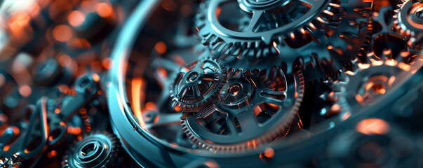 A detailed mechanical background featuring the inner workings of a mechanical watch, with intricate gears and springs, highlighting precision engineering.