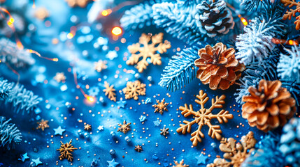 Festive winter backdrop with frosted pine branches, pine cones, and glittering snowflakes against blue background, evoking magical holiday atmosphere. Concept of Christmas and winter holidays