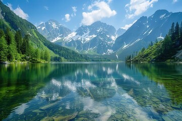 Serene mountain landscape with crystal clear lakes reflecting snow-capped peaks.