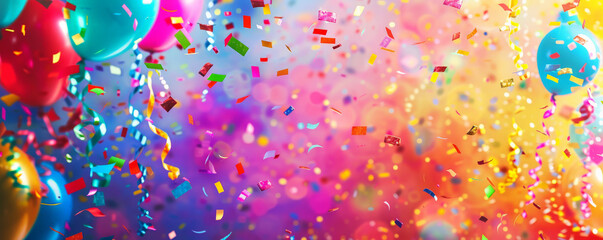 A party-themed background featuring bright streamers, balloons, and confetti against a dynamic, colorful backdrop, with space for text.