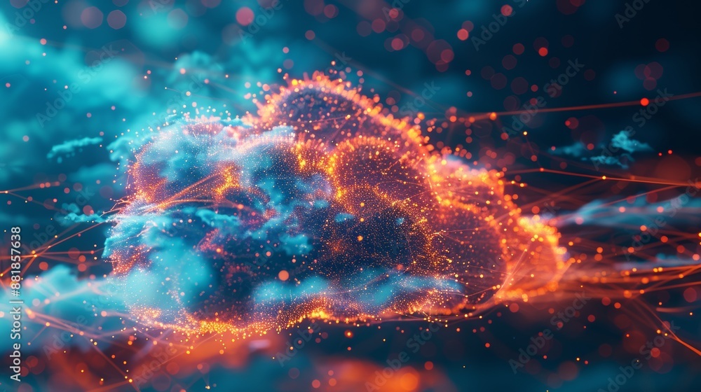 Poster a vibrant 3d illustration of a cloud with data flow lines connecting to various points, illustrating