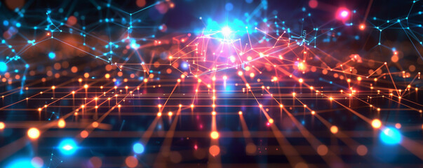 Obraz premium A futuristic energy background with luminous circuits and glowing nodes interconnected by bright lines, set against a dark, high-tech backdrop.