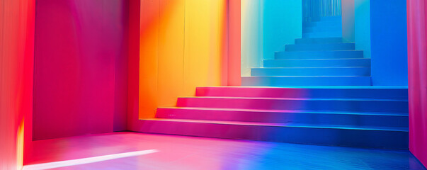 Fototapeta premium A vivid backdrop showcasing a gradient of bright, bold colors blending from hot pink to electric blue, creating a striking and energetic scene.