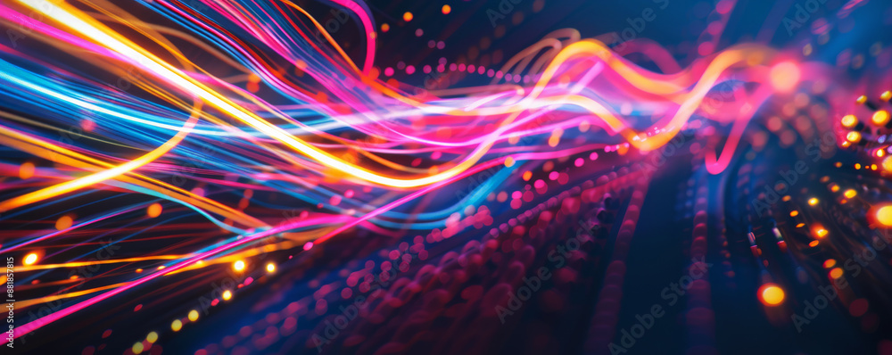 Poster A vivid backdrop with dynamic neon light trails forming intricate abstract patterns, glowing brightly against a dark background.