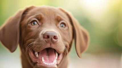 A close-up image focusing on the ears of a dog, set against a softly blurred background featuring green and natural light hues, offering a sense of tranquility.