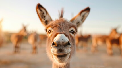 Obraz premium A close-up image of a friendly donkey looking directly at the camera with a blurred background, captured outdoors in daylight, showcasing its expressive features.