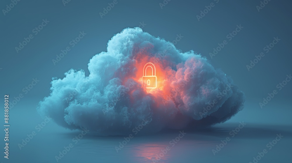 Poster a conceptual 3d rendering of a cloud with a digital padlock, illustrating the concept of secure clou