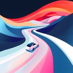 Abstract illustration of a white car driving on a winding road through a colorful landscape.