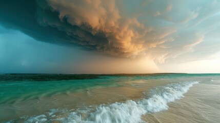 A breathtaking view of a beach with turbulent waves approaching the shore, accompanied by a dramatic stormy sky with dark clouds and an illumination from the sunlight.