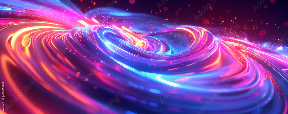 Poster a vivid backdrop showcasing a spectrum of neon colors in swirling, wave-like patterns, creating an e
