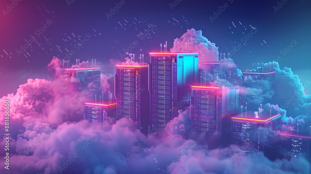 Poster a futuristic 3d illustration of a data center with servers surrounded by digital clouds, symbolizing