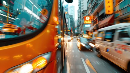Blurry yellow buses and cars rushing through a busy downtown area, reflecting the fast-paced nature of urban life and the constant movement of city traffic.