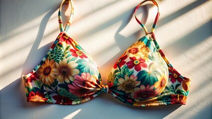 Vibrant floral patterns on a bikini top stand out against a pure white backdrop, bathed in warm, golden sunlight.