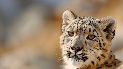 Obraz premium Close-up of a snow leopard with intense gaze, showcasing its beautiful fur pattern and majestic appearance, set against a softly blurred natural background.