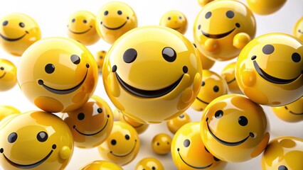 Vibrant yellow smiley face balls in various sizes float joyfully together in a bright 3D illustration against a white background.
