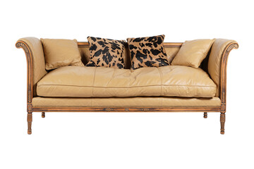 Beige leather sofa with animal print pillows for living room furniture sale on transparent background