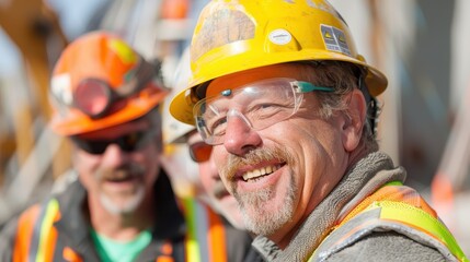 A cheerful construction worker in safety gear smiles at the camera, highlighting the spirit of hard work, dedication, and positivity in a bustling construction environment.