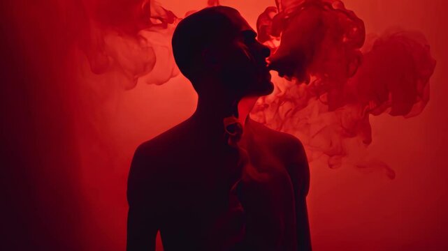 A mans silhouette exhales smoke, illustrating the function of the respiratory system, Interpretation of the respiratory system through a red-tinted human silhouette