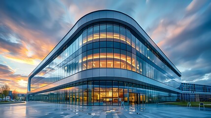 Obraz premium A modern office building with a glass facade stands against a colorful sunset sky