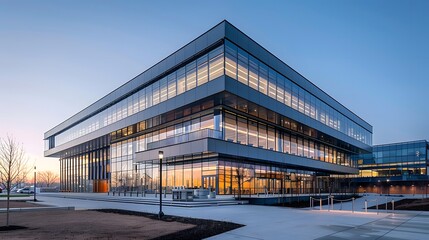 Fototapeta premium A large, modern office building with a glass facade stands against a vibrant sunset sky